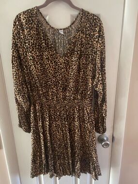 Leopard Print Long Sleeve V-Neck Dress - Brown/Black